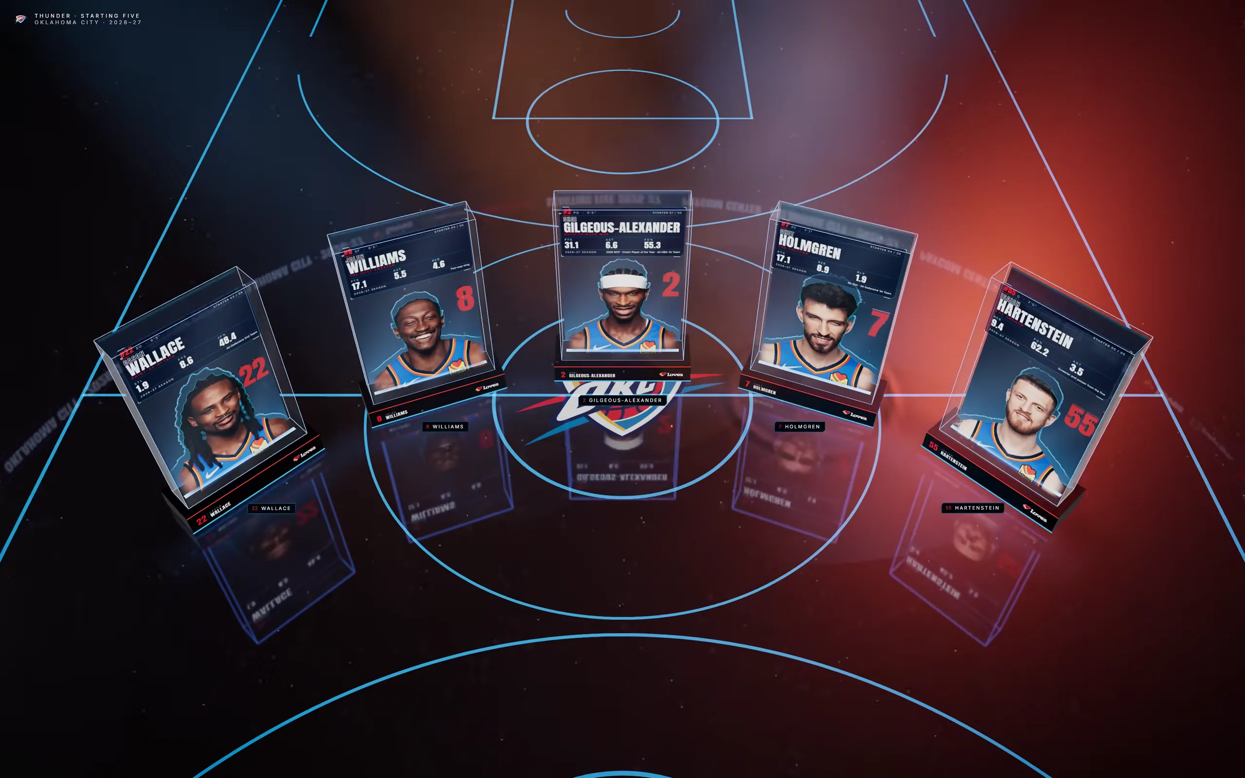A basketball player’s hologram card standing in a lit 3D arena, from the Starting Five demo