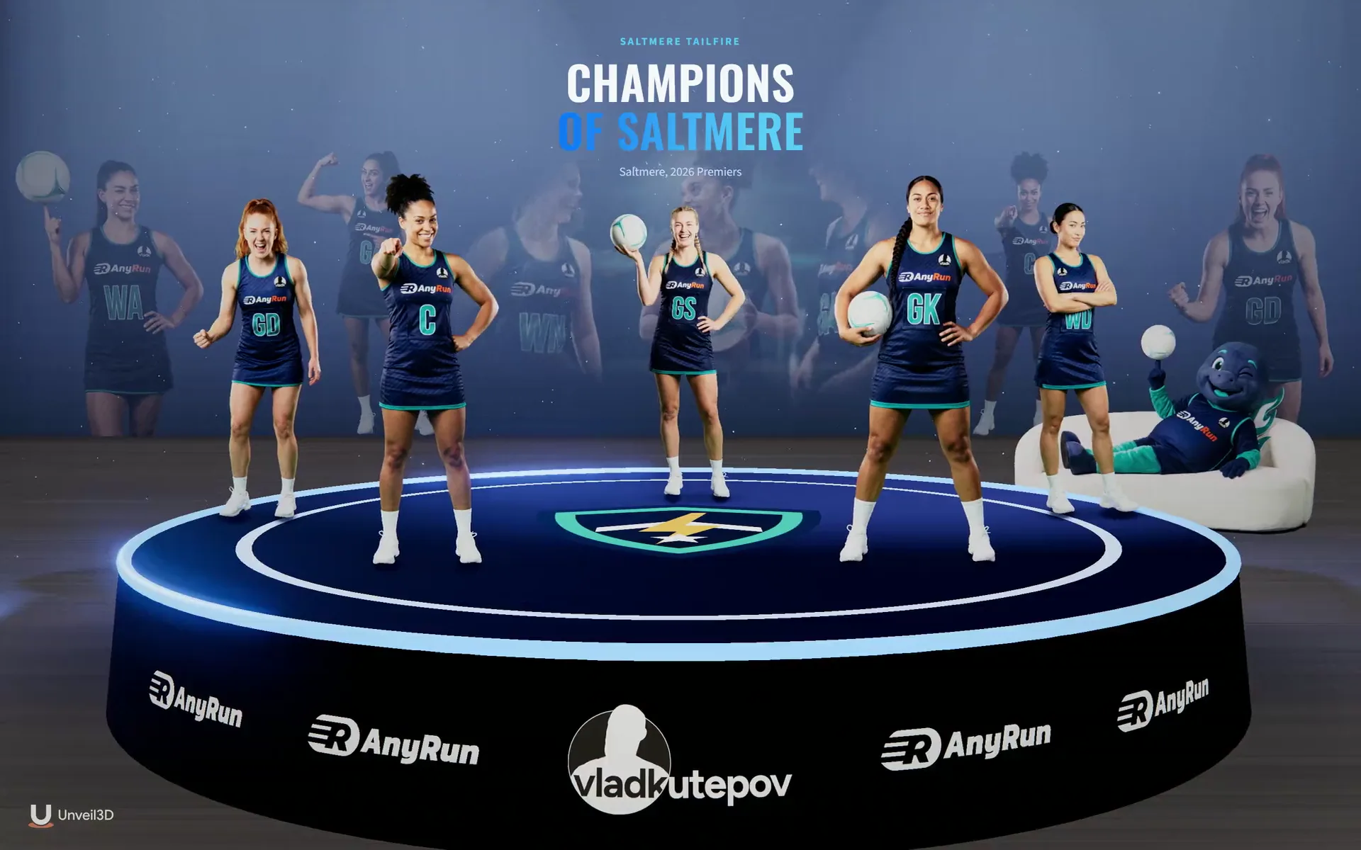 Netball players on a lit 3D podium carrying their partners’ logos